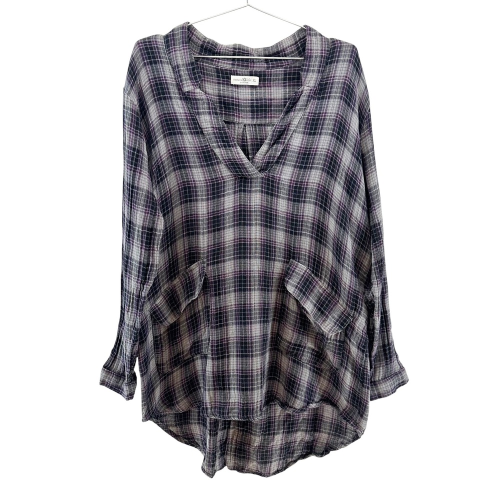 NATURAL LIFE Plaid Gauze Oversized Tunic Top • XL • purple gray black • boho